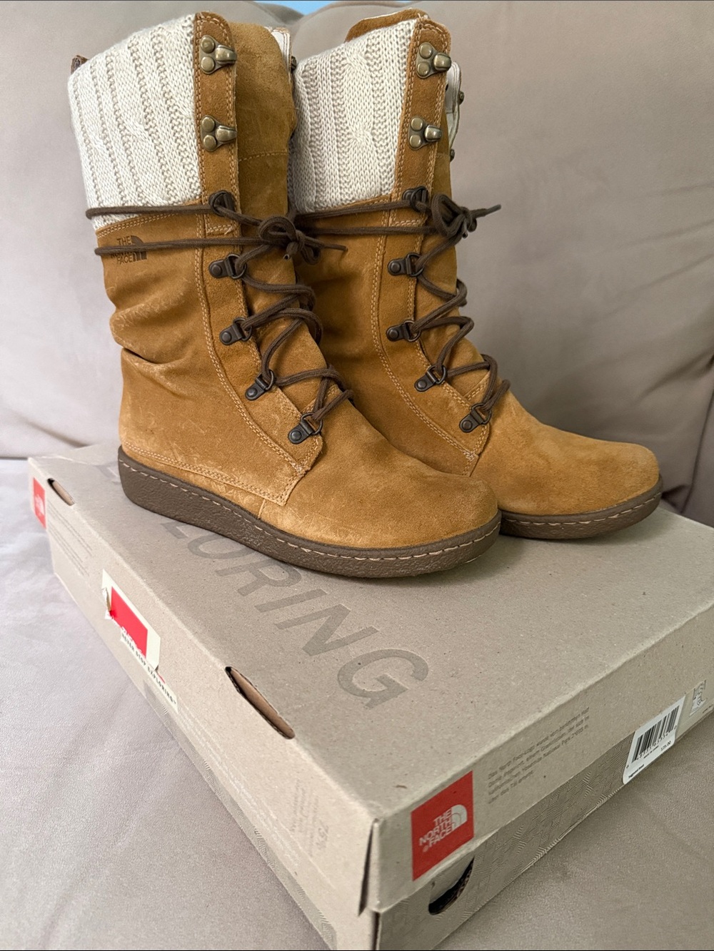The North Face ALYCIA Tan Suede Lace-Up Boots with Cream Knit Cuff